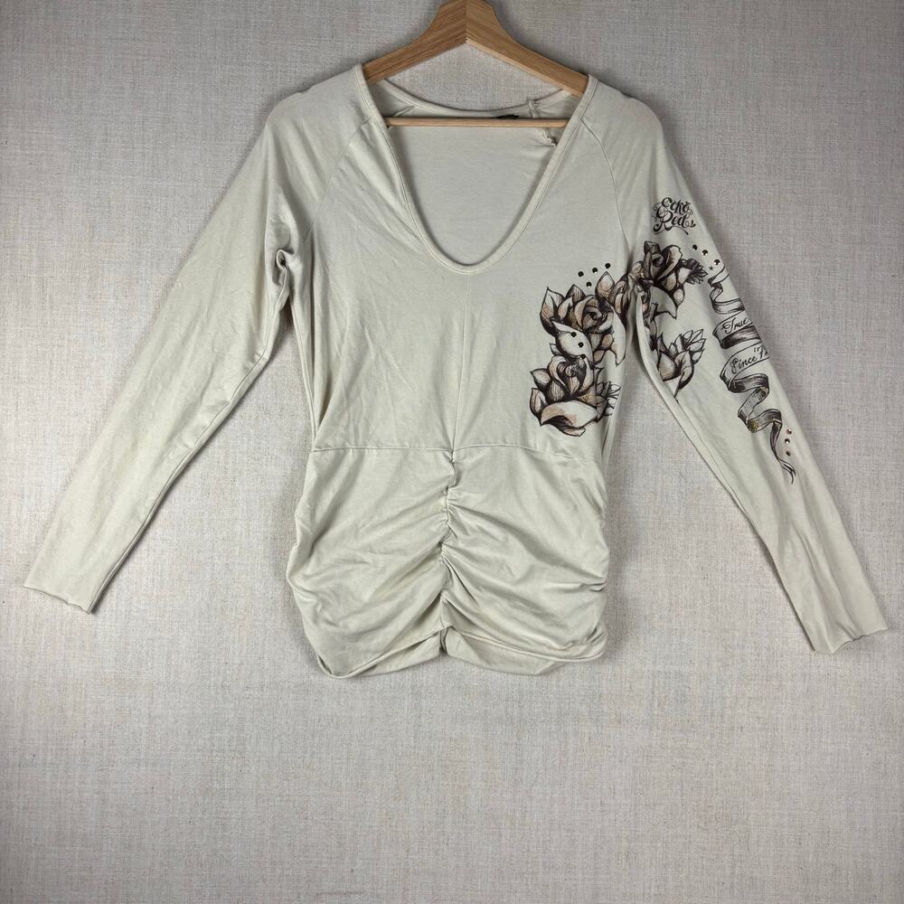 Y2K V Neck Ecko Red Womens Floral Cinch Waist Large Longsleeve
